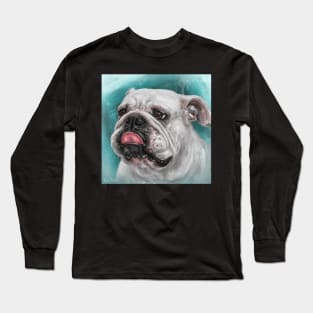 Close Up Painting of a White Bulldog With Its Tongue Out, Blue Background Long Sleeve T-Shirt